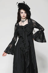 Black Long Flared Sleeves Lace Trimmed Lace-Up Women's Gothic Elegant Robe - Product - 5