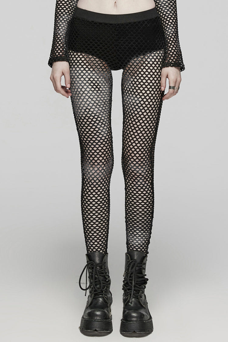 Tie-dyed Print Stitching Sheer Mesh Women's Steampunk Leggings 3 Colors - Black - 1