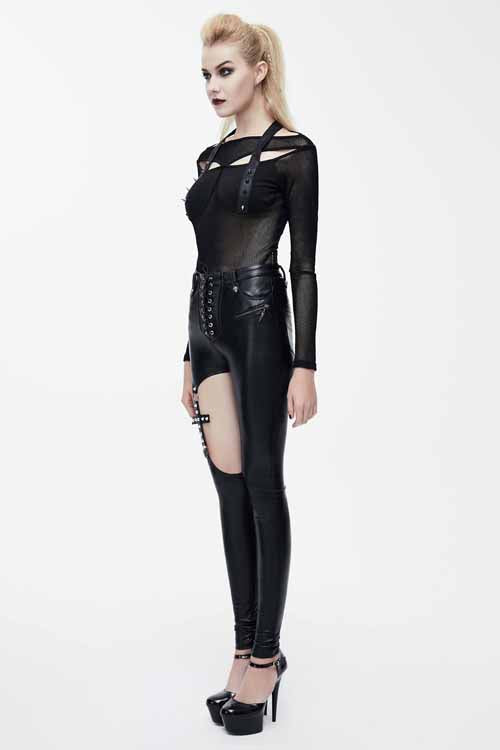 Black Hollow Out Cross Shaped Elastic Sexy Punk Tight Leather Womens Pants - Product - 8