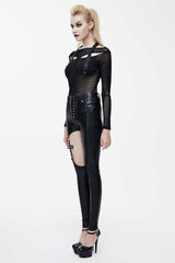 Black Hollow Out Cross Shaped Elastic Sexy Punk Tight Leather Womens Pants - Product - 8