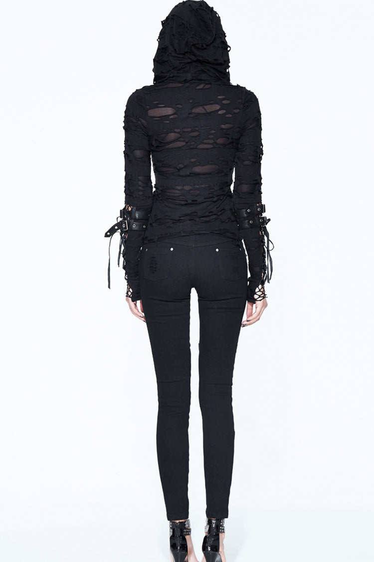 Black Hooded Ripped Finger Covered Splice Mesh Leather Loop Lace Up Women's Punk Shirt - Product - 7