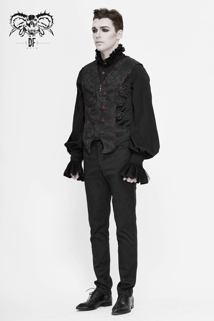 Black Dark Jacquard Chest Plate Buttons Back Lace Up Men's Gothic Waistcoat - Product - 5