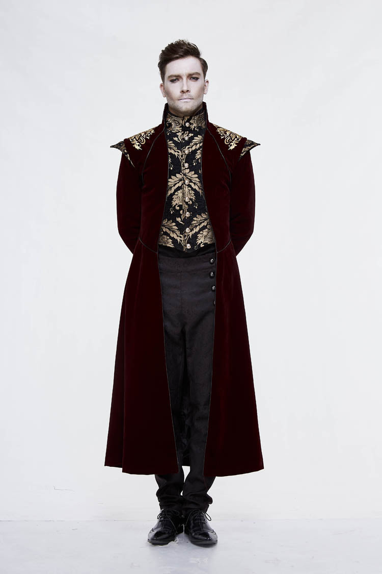 Black/Red Jacquard Gold Faded Buttons Fleece Long Men's Gothic Coat - Product - 2