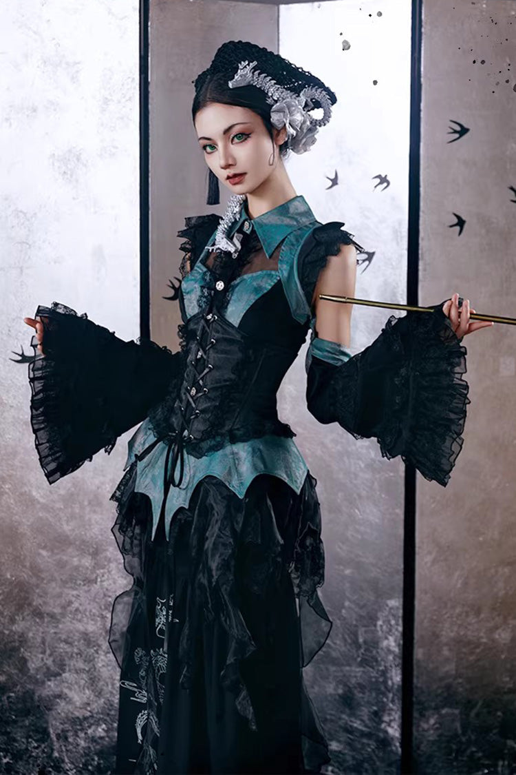 [Sky Dragon] Round Collar Printed Embroidered Lace-Up Gothic Chinese Style Lolita Skirt Set 2 Colors - Product - 11