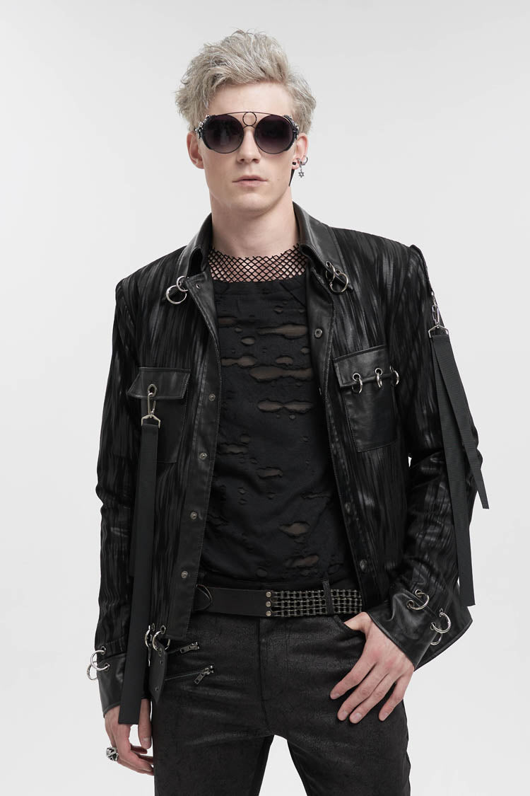 Black Metal Ring Perforated Lapel Lapel Button Handsome Men's Punk Jacket - Product - 2