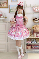 Pink [Cupid Bunny] Printed Sleeveless Bow Sweet Princess Lolita Strap Dress - Product - 10