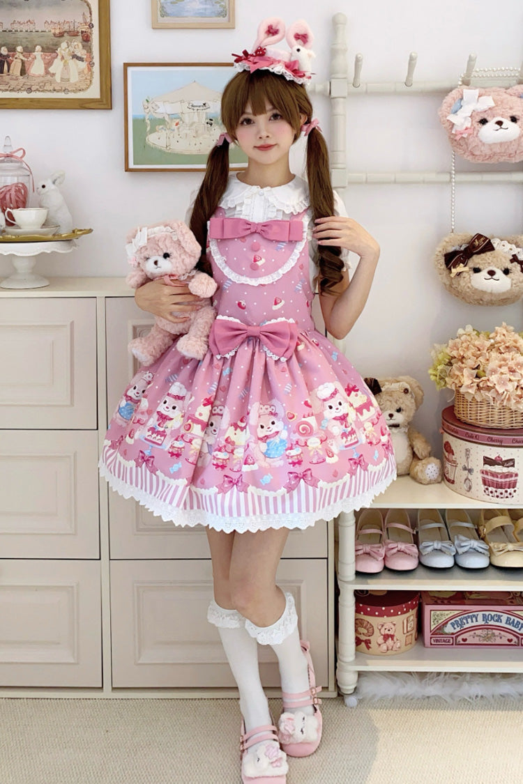 Pink [Cupid Bunny] Printed Sleeveless Bow Sweet Princess Lolita Strap Dress - Product - 10