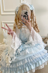 Blue Multi-Layered Ruffle Bowknot Stitching Lace Sweet Lolita Jsk Dress - Product - 9