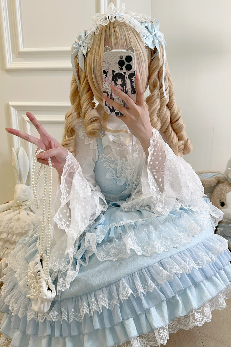 Blue Multi-Layered Ruffle Bowknot Stitching Lace Sweet Lolita Jsk Dress - Product - 9