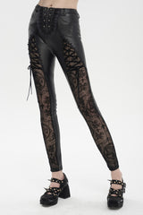 Black Flocked Stretch Slim Thigh Lace String Adjustable Women's Gothic Leggings - Product - 2