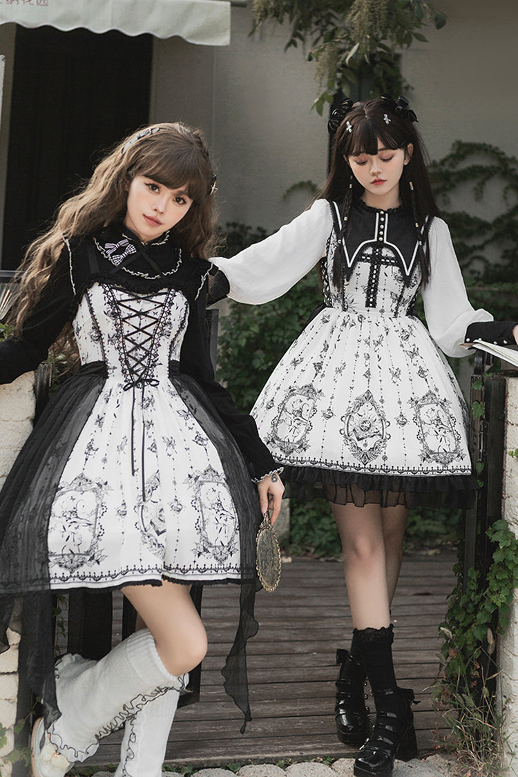 Black/White Long Sleeves Lace Ruffle Butterfly Magic Print Gothic Lolita OP Dress - Product - 5