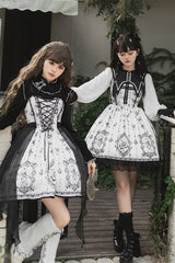 Black/White Long Sleeves Lace Ruffle Butterfly Magic Print Gothic Lolita OP Dress - Product - 5