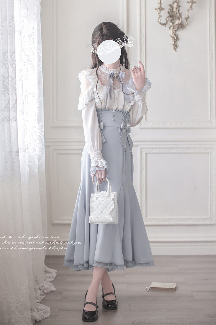 Blue Ruffle Bowknot Slim Sweet Elegant Lolita Fishtail Skirt Dress - Product - 9