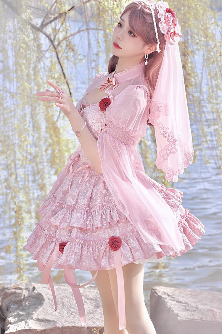 Pink Weeping Rose Double-Layered Ruffle Embroidery Bowknot Lace Sweet Ballet Lolita Skirt Set - Product - 6