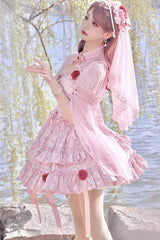 Pink Weeping Rose Double-Layered Ruffle Embroidery Bowknot Lace Sweet Ballet Lolita Skirt Set - Product - 6