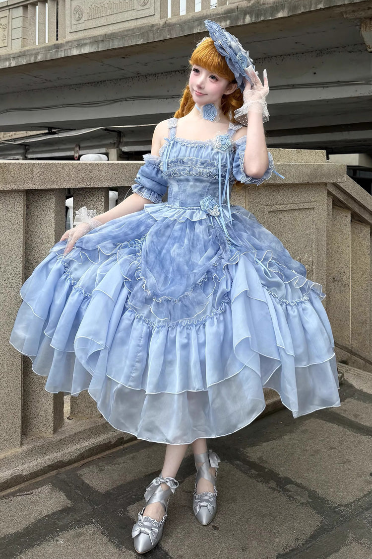[Goodnight Camellia] Sleeveless Ombre Multi-Layered Printed Ruffled Lace Fishbone Sweet Lolita Jsk Dress 3 Colors - Product - 2
