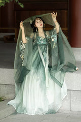 Green Embroidery Women's Classic Chinese Style Hanfu Dress Full Set - Product - 2