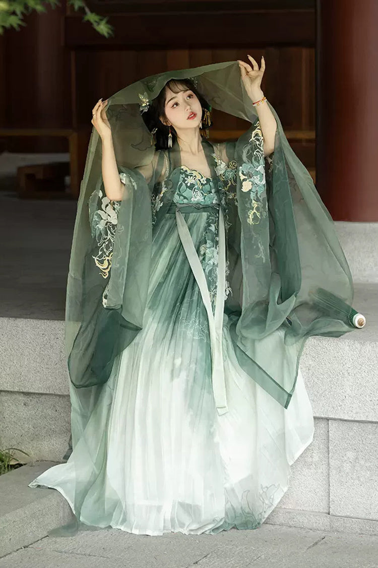 Green Embroidery Women's Classic Chinese Style Hanfu Dress Full Set - Product - 2