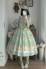 Green [Lemon Chicken] Short Sleeves Print Ruffle Bowknot Lace Daily Sweet Lolita Dress - Product - 6