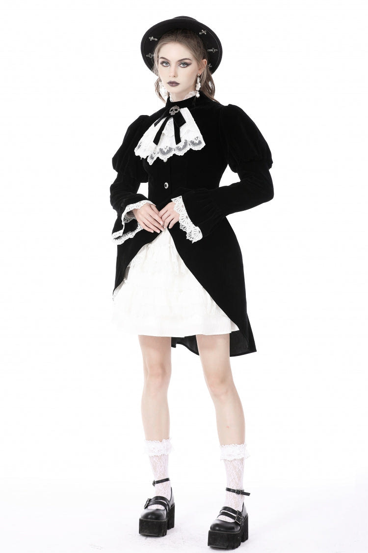 ブラック／ホワイト Frilly 襟 Skull 蝶ネクタイ ロング パフスリーブ レース レースアップ レディース ゴシック ヴィンテージ ベルベット ジャケット 商品画像