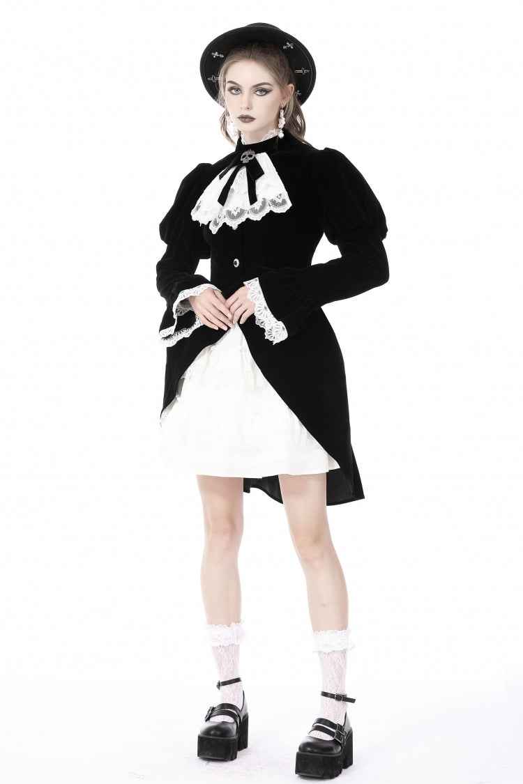 Black/White Frilly Collar Skull Bow Tie Long Puff Sleeves Lace Lace-Up Women's Gothic Vintage Velvet Jacket - Product - 7