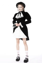 Black/White Frilly Collar Skull Bow Tie Long Puff Sleeves Lace Lace-Up Women's Gothic Vintage Velvet Jacket - Product - 7