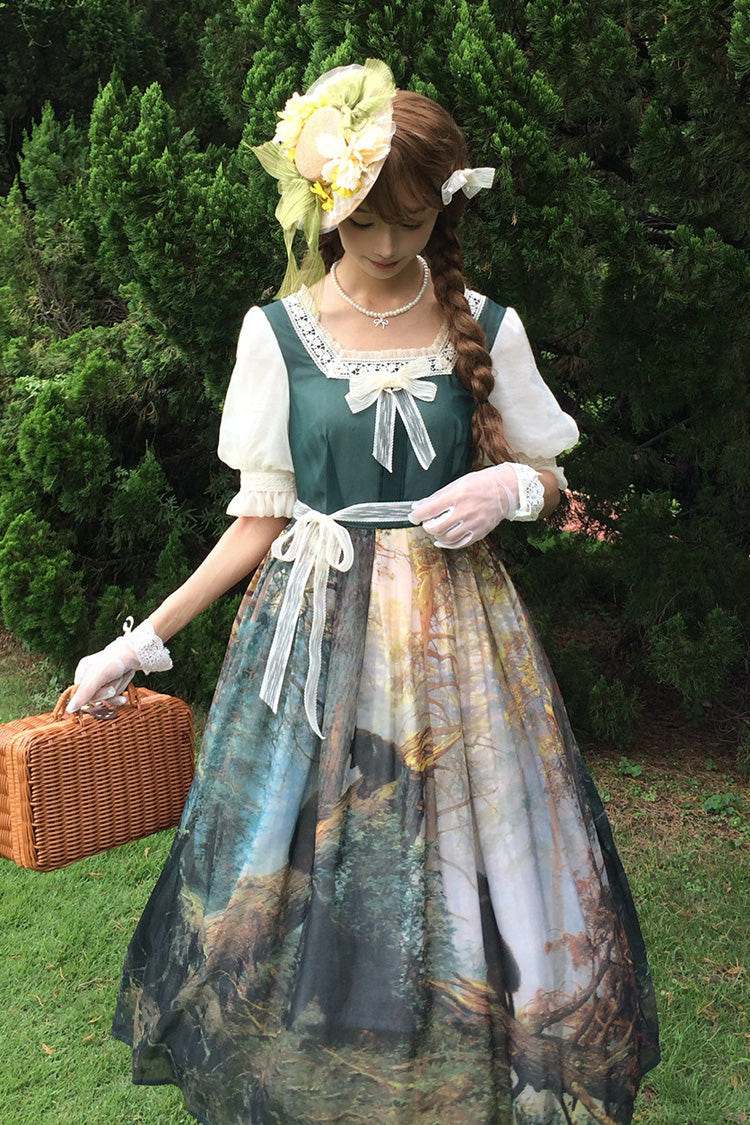 Dark Green [Morning in the Pine Forest] Square Collar Short Sleeves Oil Painting Printed Bow Lace Tie-dyed Sweet Lolita Dress - Product - 3