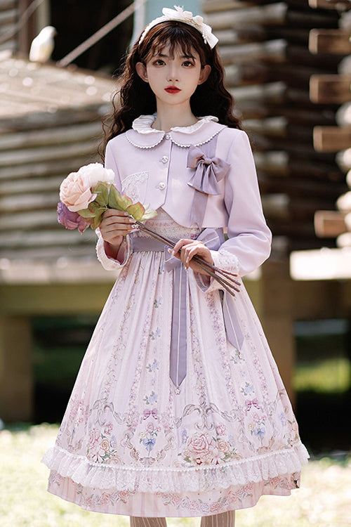 Purple Flower Wall Print High Waist Sweet Lolita JSK Dress - Product - 2