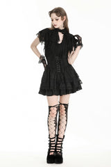 Black Stand Collar Ruffled Short Sleeves Lace Spliced Women's Gothic Blouse - Product - 6