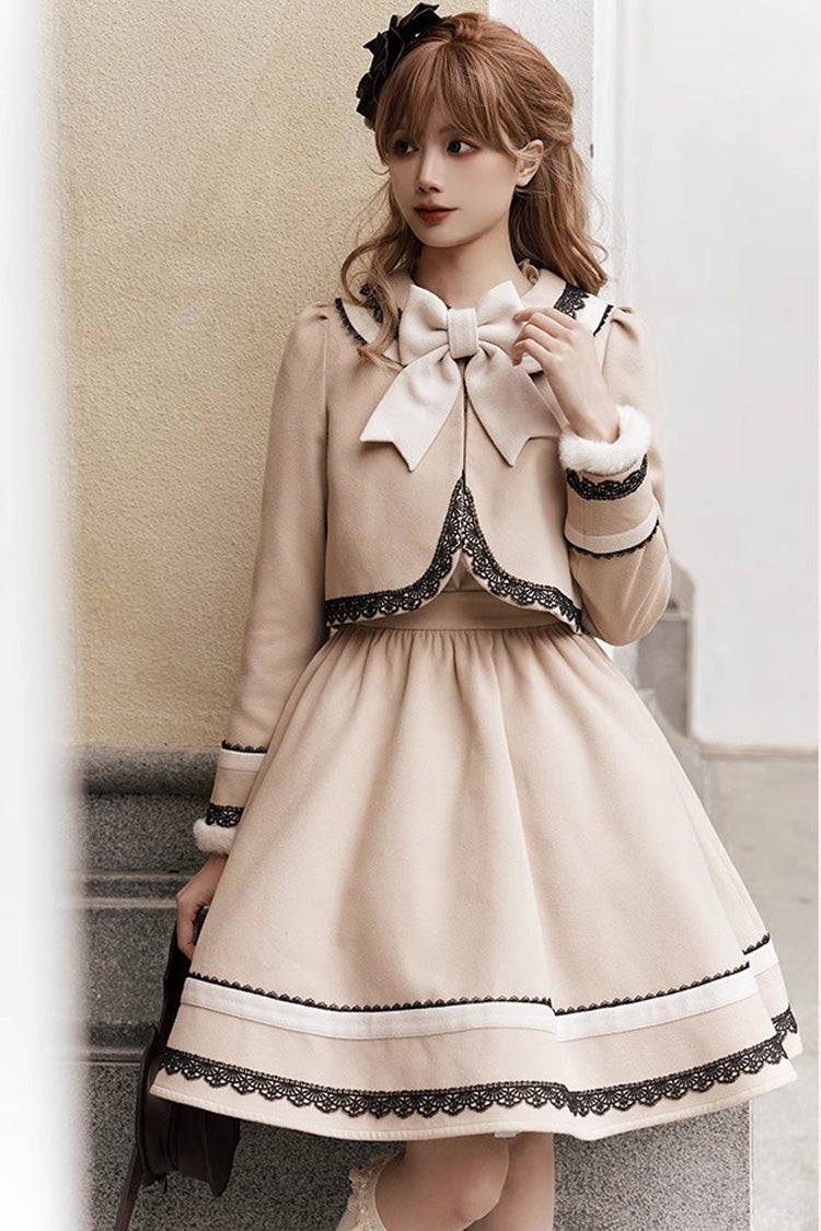 Light Tan Doll Collar Bowknot Autumn Winter Sweet College Style Lolita Dress Two Piece Set - Product - 2