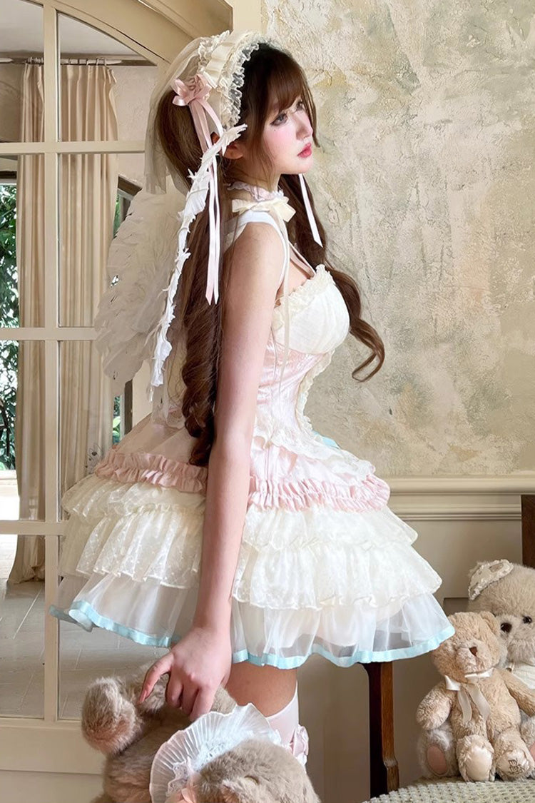 Pink/Beige [Sweet Dream Peach] Sleeveless Multi-Layered Ruffle Bowknot Lace Sweet Ballet Lolita Jsk Dress - Product - 7