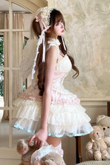 Pink/Beige [Sweet Dream Peach] Sleeveless Multi-Layered Ruffle Bowknot Lace Sweet Ballet Lolita Jsk Dress - Product - 7
