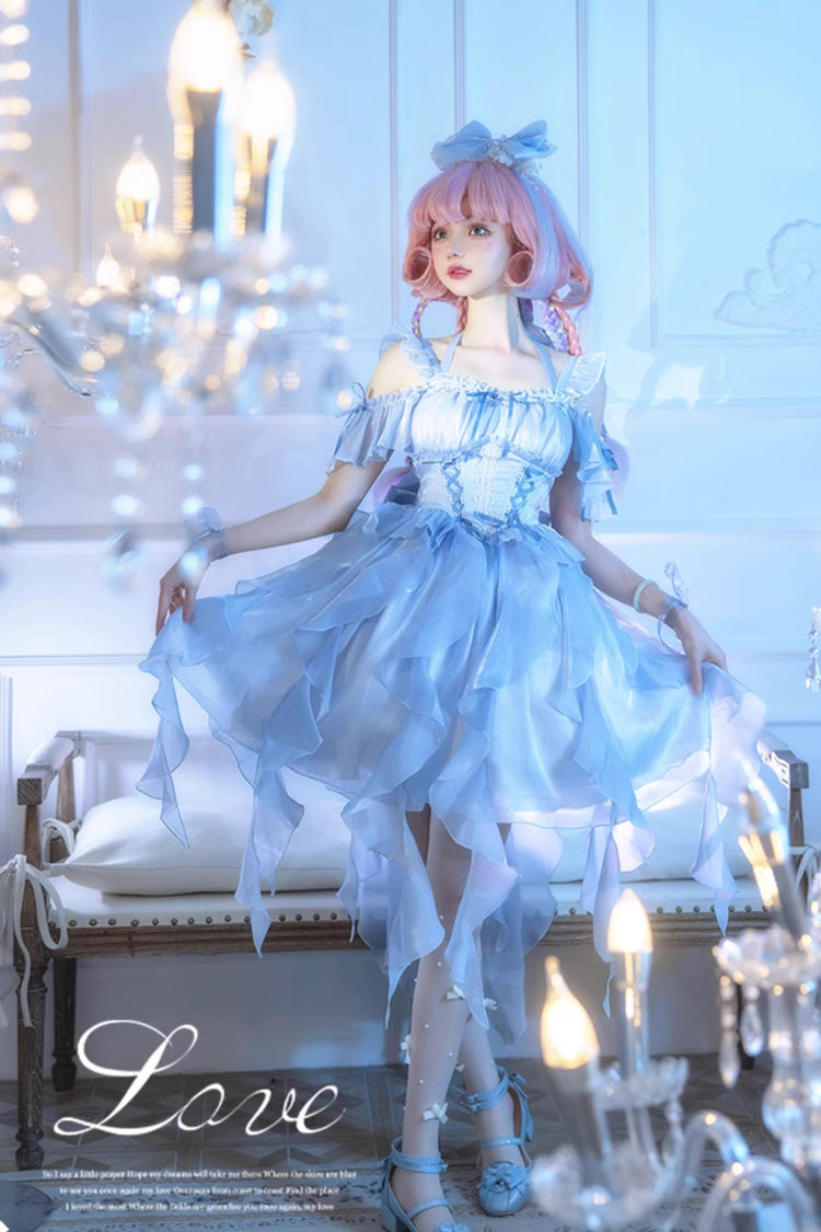 Blue Galaxy Prayer Corset Fishbone Ribbon Sweet Lolita Jsk Dress - Product - 2