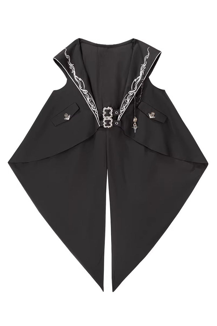 Black [Rabbit-Ear Meteorite] Stand Collar Long Sleeves Ruffled Embroidered Bow Gothic Ouji Lolita Shorts Vest Set - Vest - 12