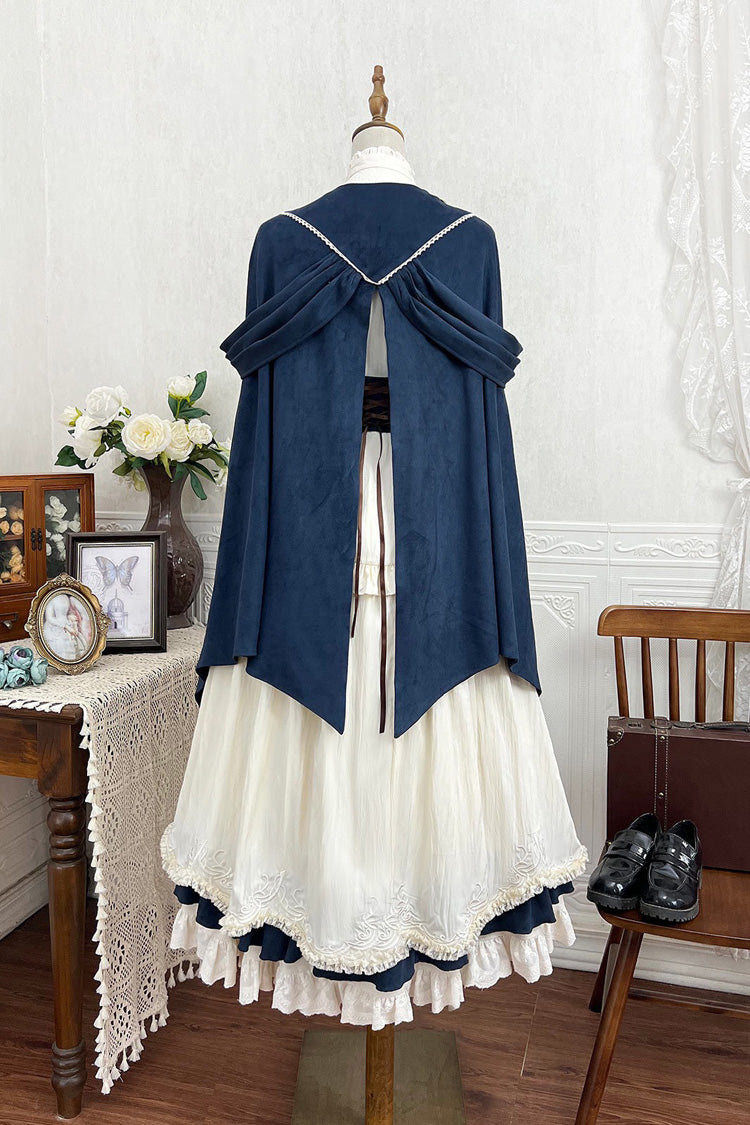 Beige [Morning Mist Coast] Stand Collar Long Sleeves Ruffle Embroidery Vintage Elegant Lolita Skirt Dress Set - Product - 3