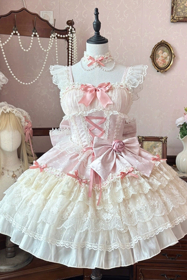 Pink [Rose Canticle] Sleeveless Multi-Layered Bowknot Lace Lace-Up Pearl Ballet Sweet Lolita Jsk Dress - Pink - 1