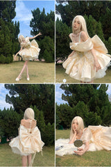 Gold [Proxima Centauri] Off Shoulder Ruffle Bowknot Sweet Princess Lolita Dress - Product - 5