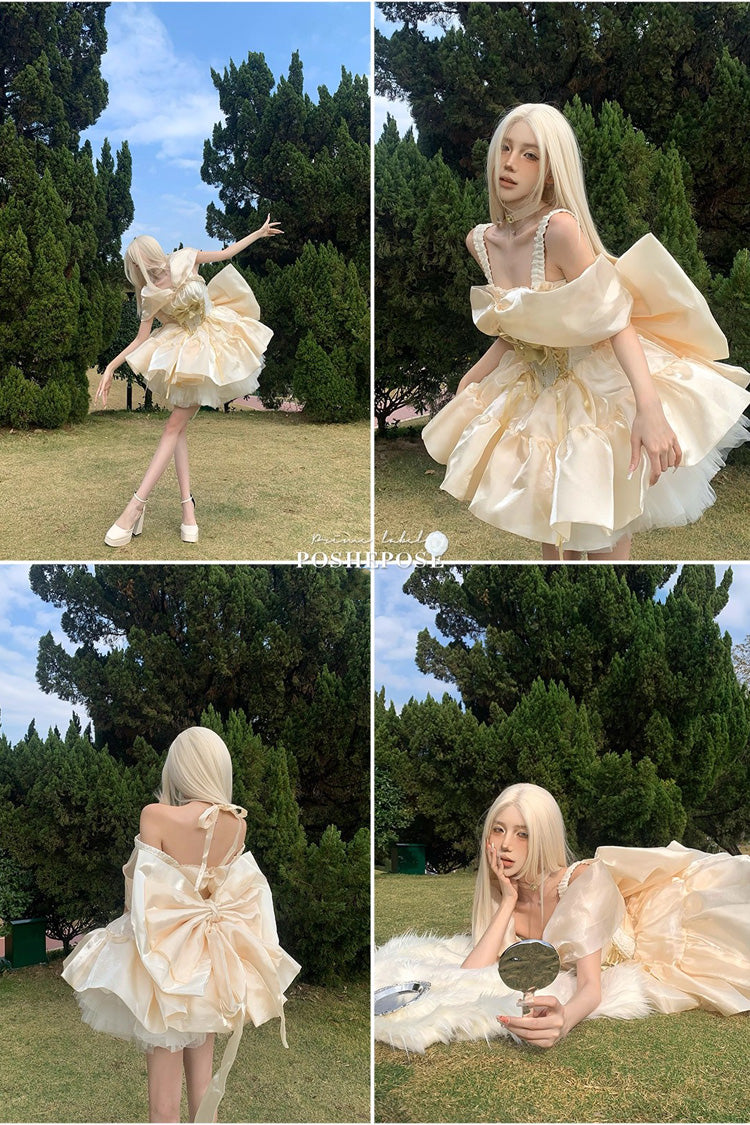 Gold [Proxima Centauri] Off Shoulder Ruffle Bowknot Sweet Princess Lolita Dress - Product - 5