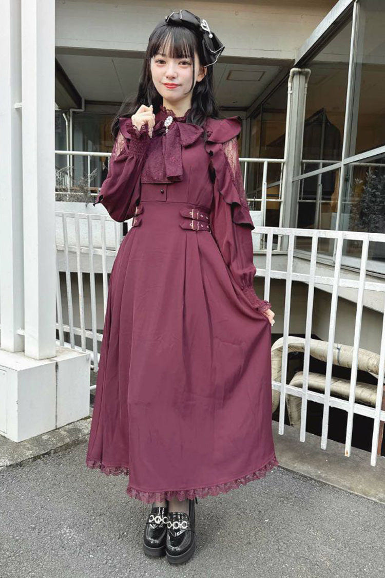Rose Red Stand Collar Off Shoulder Long Sleeves Hollow Bowknot Slim Jirai Kei Japanese Dress - Product - 5