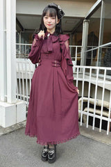 Rose Red Stand Collar Off Shoulder Long Sleeves Hollow Bowknot Slim Jirai Kei Japanese Dress - Product - 5