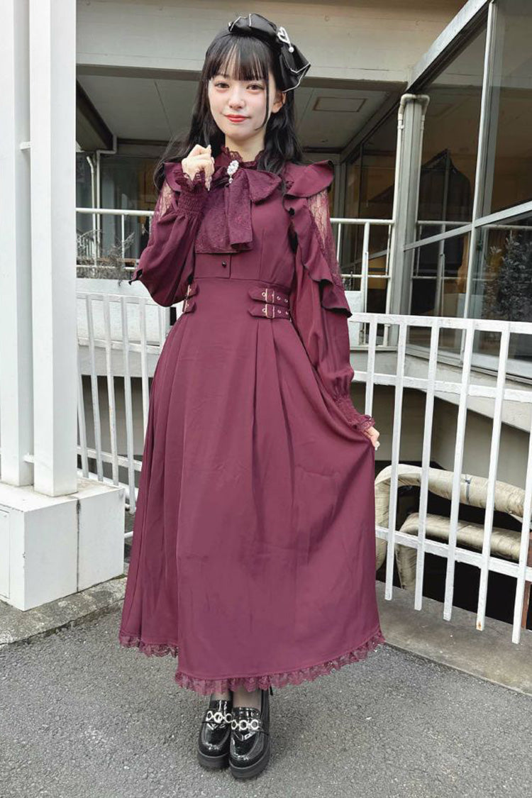 Rose Red Stand Collar Off Shoulder Long Sleeves Hollow Bowknot Slim Jirai Kei Japanese Dress - Product - 5