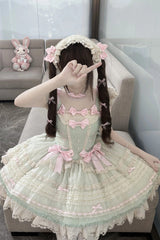[Wind Chime Poem] Square Collar Flutter Sleeves Triple-Layered Printed Ruffled Bow Sweet Lolita Jsk Dress 4 Colors (Blue, Pink, Purple, Green) - Product - 24