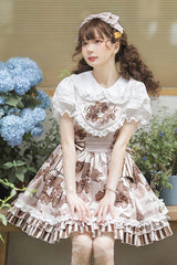 Brown Chocolate Wreath Print Sweet Lolita Strap Dress - Product - 4