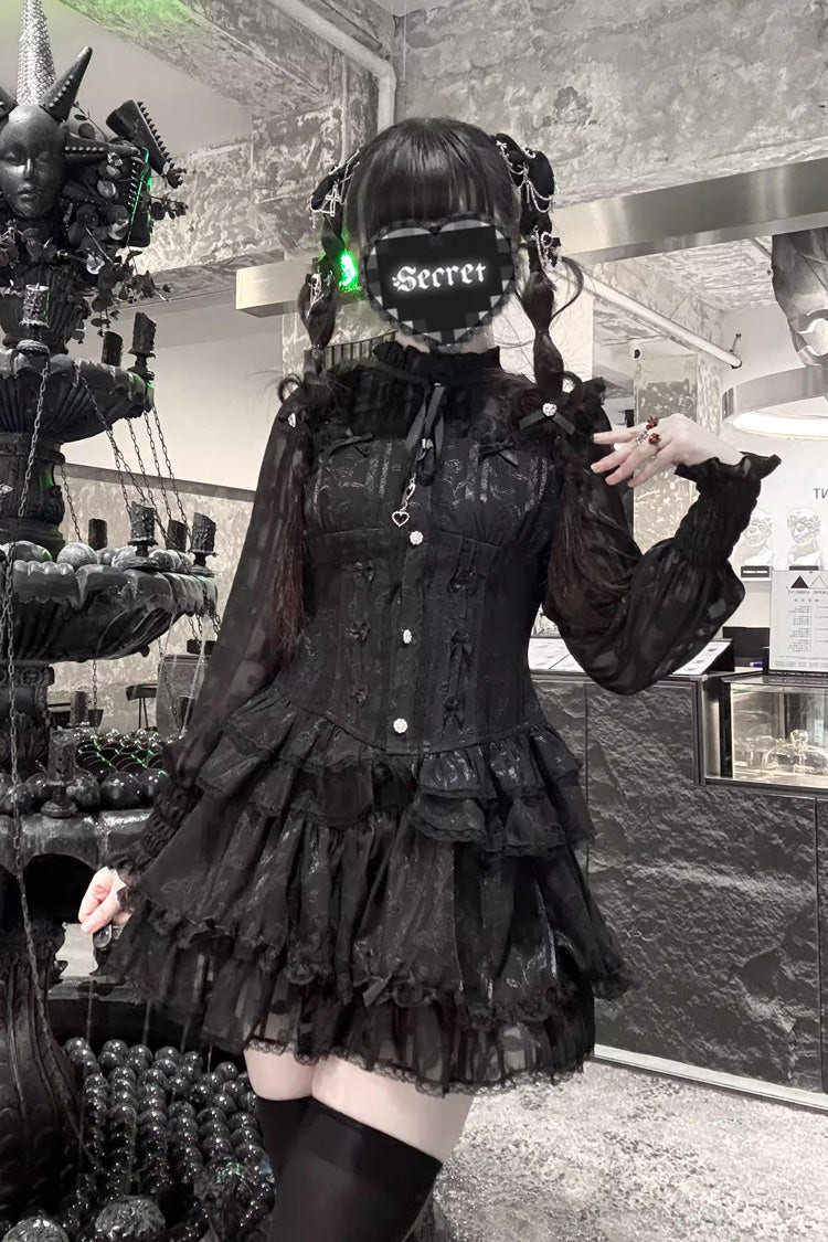[Rose Bible] Long Sleeves Triple-Layered Multi-Layered Jacquard Ruffled Lace-Up Gothic Jirai Kei Japanese Blouse and Pumpkin Shorts Set 2 Colors - Product - 6