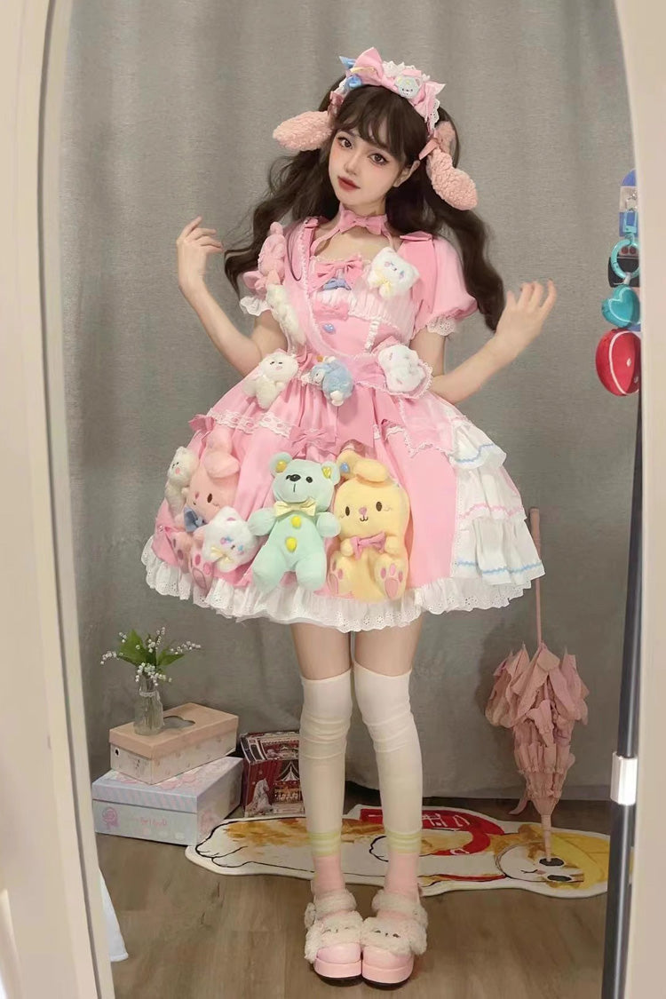 Pink Square Collar Print Doll Party Detachable Sleeves Ruffle Bowknot Sweet Princess Lolita Dress - Product - 5