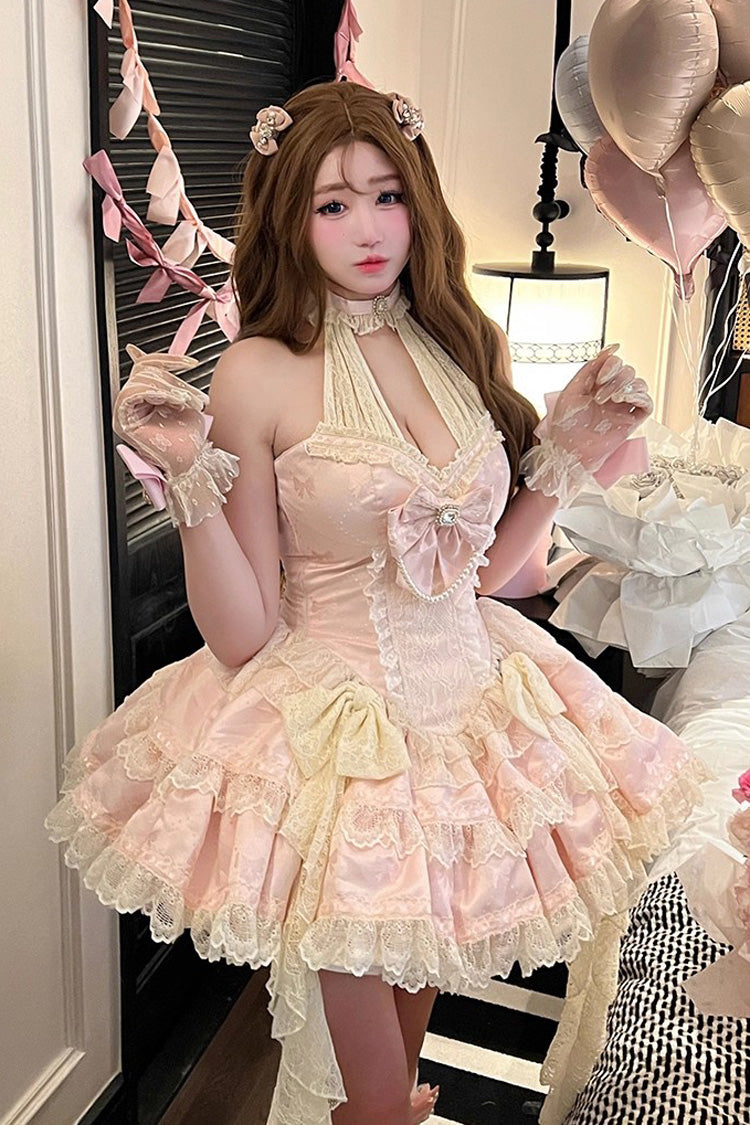 Pink [Beloved Young Lady] Halterneck Sleeveless Double-Layered Ruffle Bowknot Lace Elegant Sweet Lolita Dress - Pink - 1