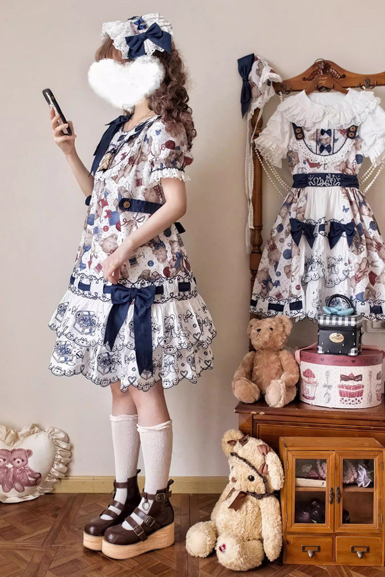 Multi-Color [Little Bear Tailor] Round Collar Short Sleeves Double-Layered Printed Ruffled Bow Sweet Lolita Dress - Product - 4