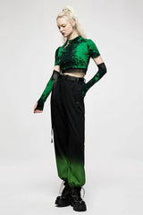 Green Short Sleeves Tie-dyed Metal Chain Women's Steampunk Short T-Shirt - Product - 4