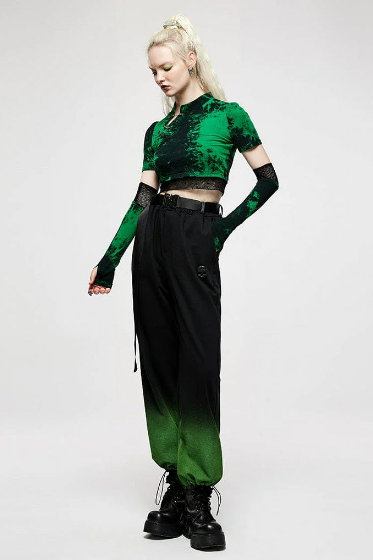 Green Short Sleeves Tie-dyed Metal Chain Women's Steampunk Short T-Shirt - Product - 4