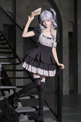 Black Square Collar Off Shoulder Short Sleeves Triple-Layered Bow Vintage Cool Lolita Dress - Product - 12